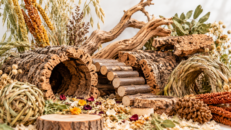 Natuurlijke inrichting met hout, takken en kurk voor knaagdieren