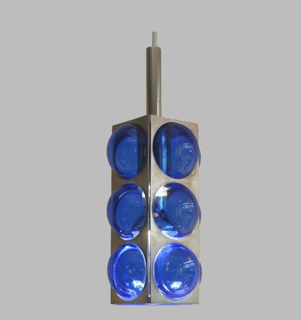 small chrome and blue glass hanging lamp