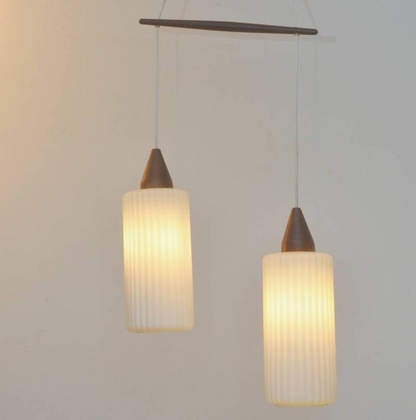 Massive teak and glass double hanging lamp