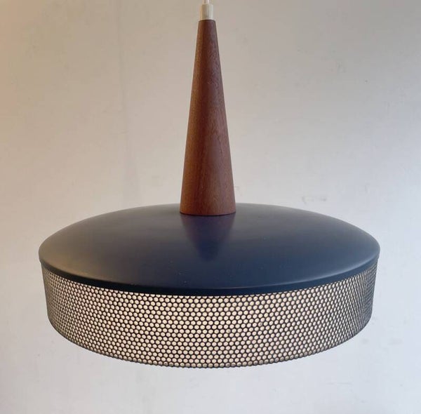 danish modern perforated metal and teak pendant lamp
