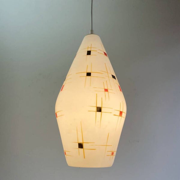 big 1950ies glass hanging lamp with geometric pattern