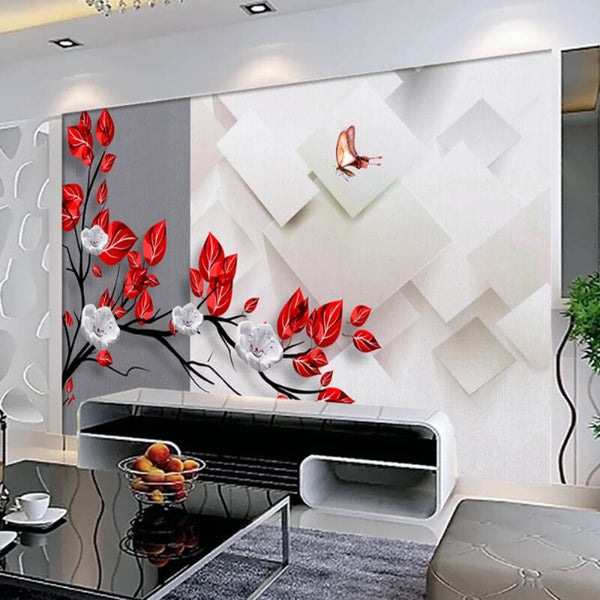 Vlies Fototapete 3D Blumen Rot Weiß Wand Wohnzimmer Luxus Design 10553