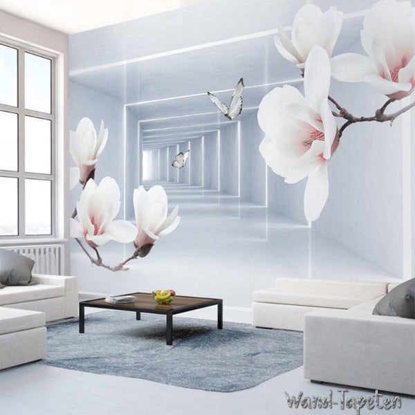 Vlies Fototapete Wandtapete Wandbilder 3D Magnolienblüten Schmetterling 3180