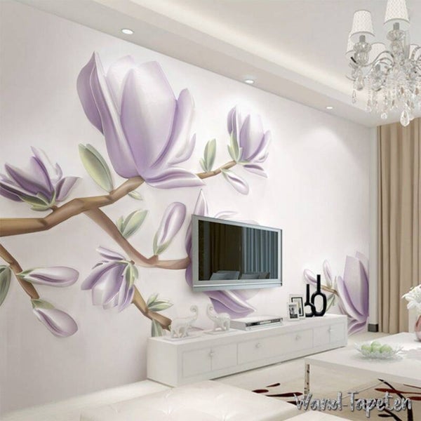 Vlies Fototapete Wandtapete Wandbilder Lila 3D Magnolienblütenrelief 3588