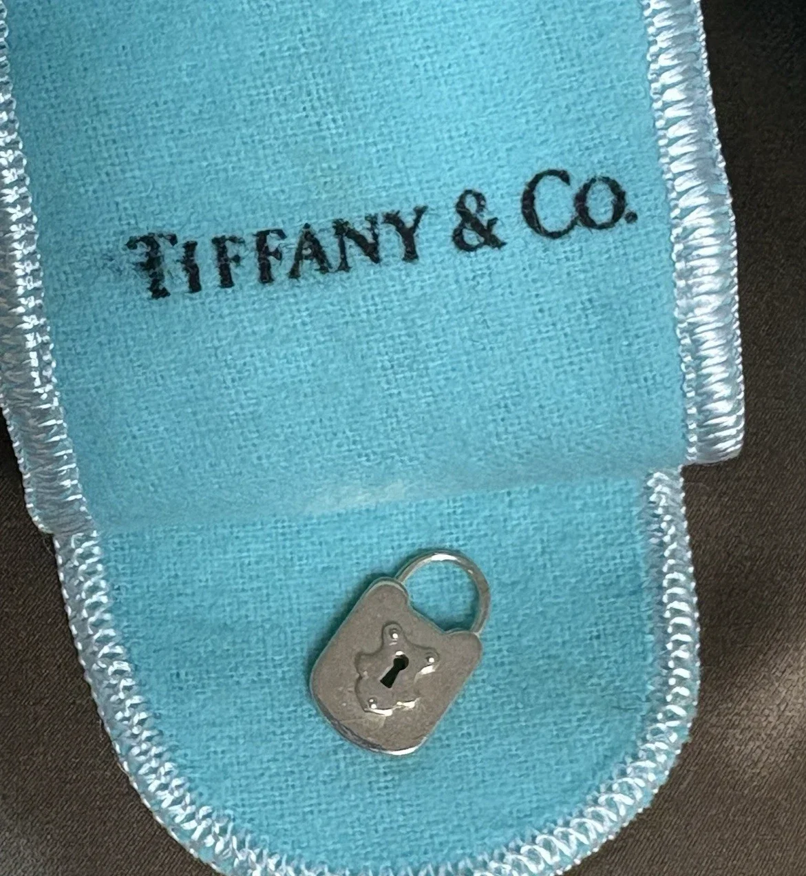 Tiffany & Co silver charm, pendant on a tiffany & co pouch.