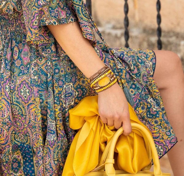 Yellow Agate Leather Wrap Bracelet