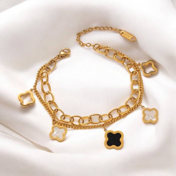 Double layer clover charm 18Kt gold plated bracelet