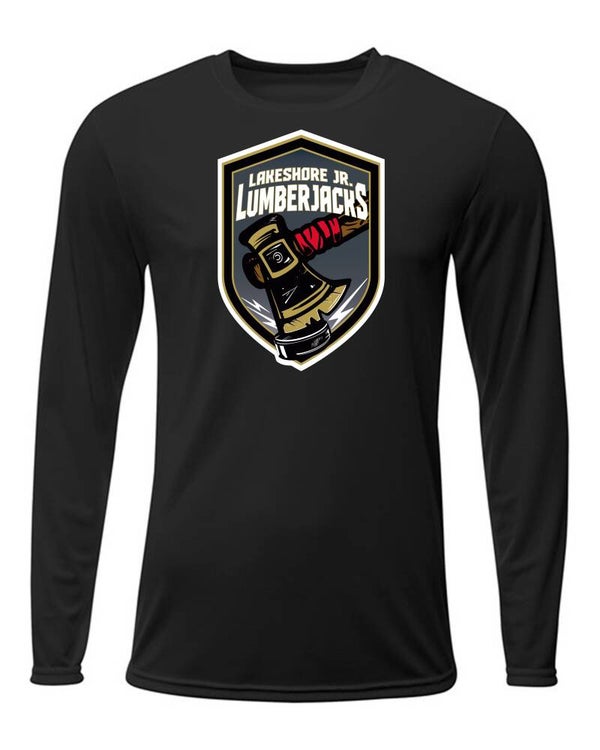 Warm Up Shirt - Long Sleeve - Black with Jr. Lumberjacks Logo on Front & Player's Number on Back