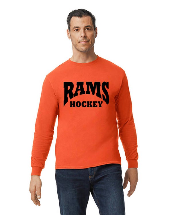 Warm Up Shirt - Long Sleeve  - Orange with Rams Hockey Logo on Front & Player's Number on Back