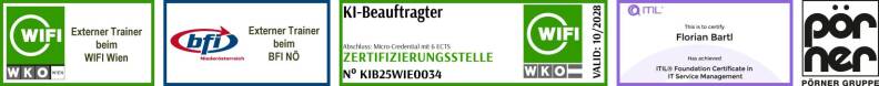 Vertrauens-Labels: Externer Trainer am WIFI Wien, Externer Trainer am BFI NÖ, KI-Zertifizierung, ITIL-Zertifizierung, Referenzkunden