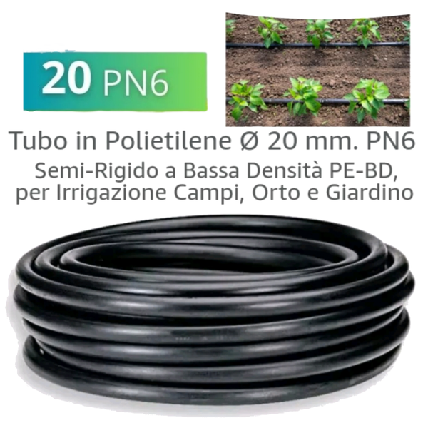 TUBO IRRIGAZIONE DA GIARDINO POLIETILENE 20MM PN6  PER GIARDINAGGIO ORTO