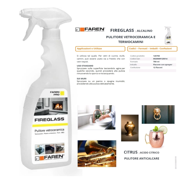 FIREGLASS PULISCI VETRI PULISCIVETRO SPRAY PER STUFE CAMINI BARBECUE 750ML