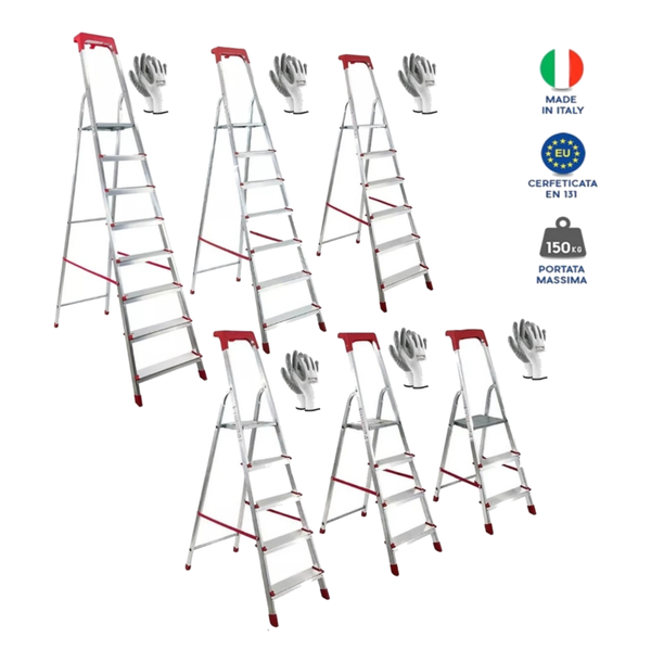SCALA IN ALLUMINIO 3/4/5/6/7/8 GRADINI SCALETTO PORTATILE CON VASCHETTA E GUANTI