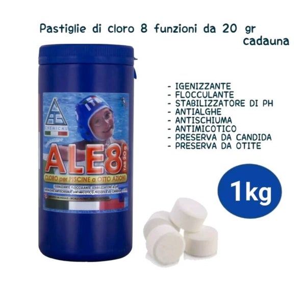 CLORO 8 FUNZIONI CLORO ALE8 PER PISCINE  IN PASTIGLIE  DA 20GR 1KG
