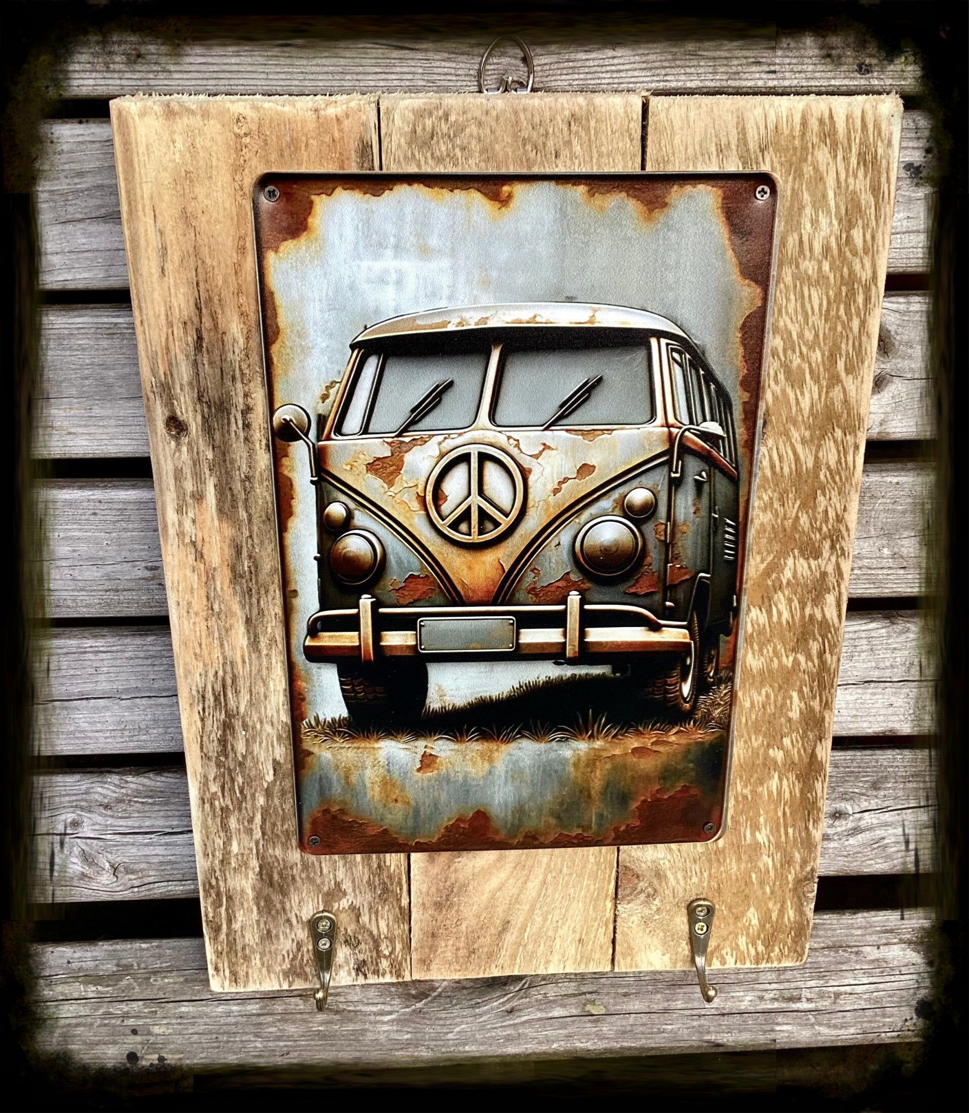 Reclaimed wood rustic wall hanging with camper van decor