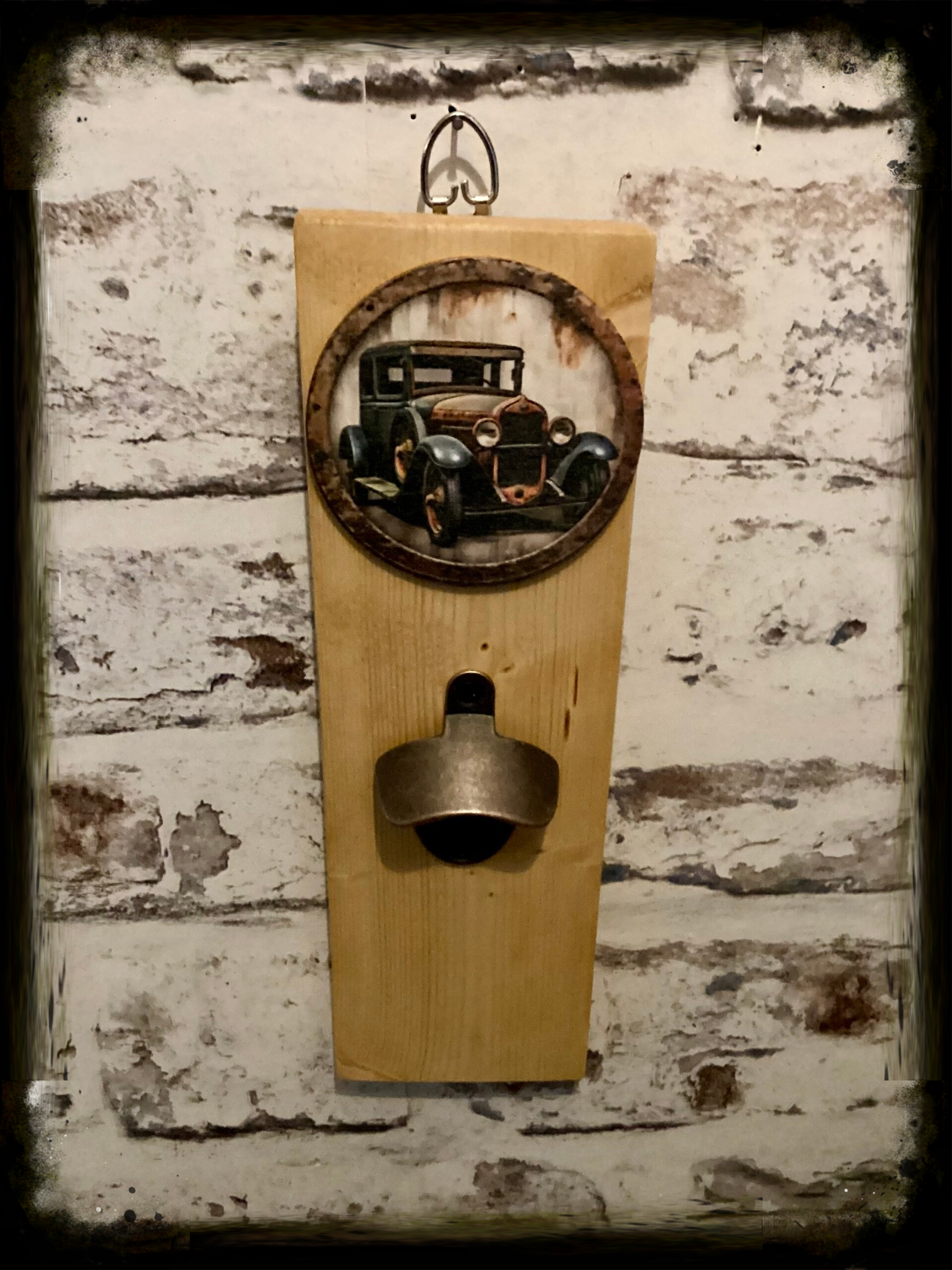 Rustic retro design wooden wall mounted bottle opener with vintage car decor