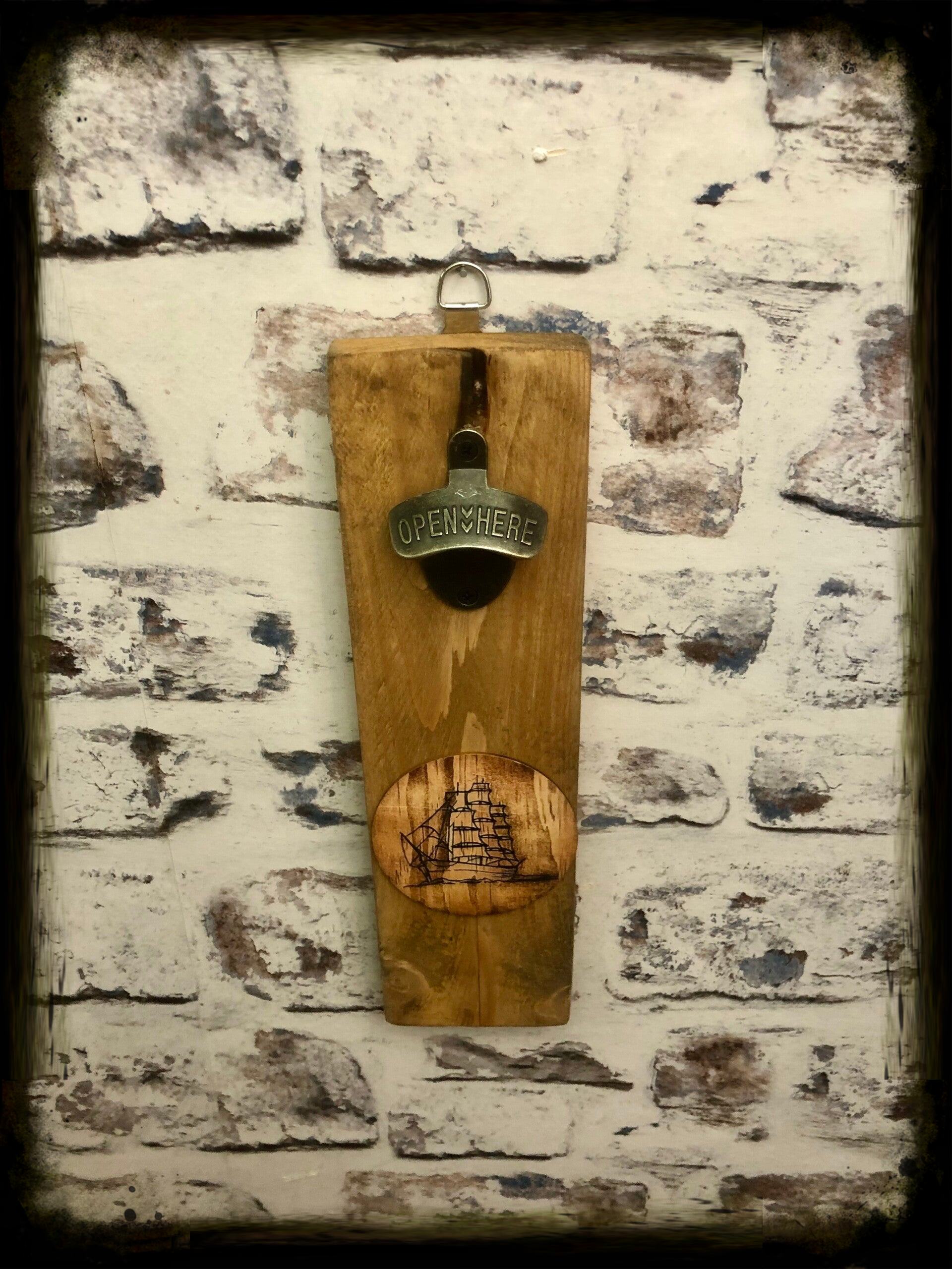 Rustic retro design wooden wall mounted bottle opener with old sailing ship decor