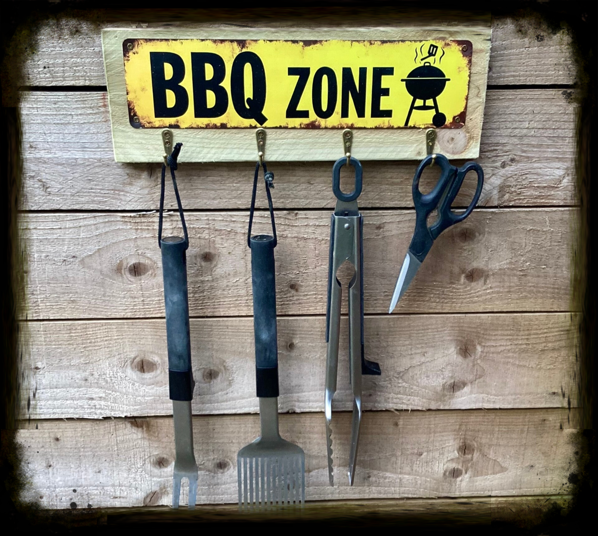 Rustic reclaimed wood Bbq tool hanger