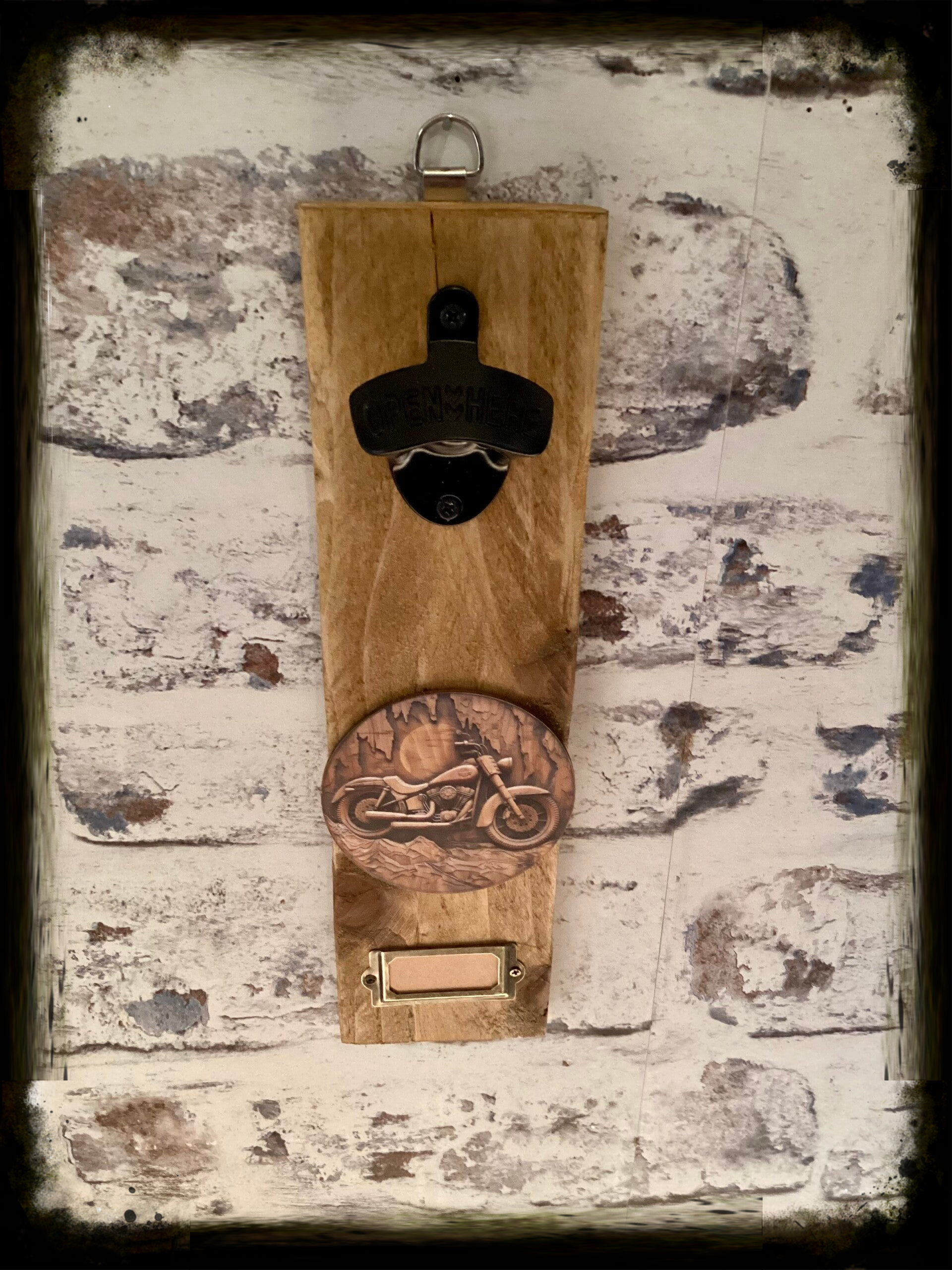 Rustic retro design wooden wall mounted bottle opener with motorbike and moon