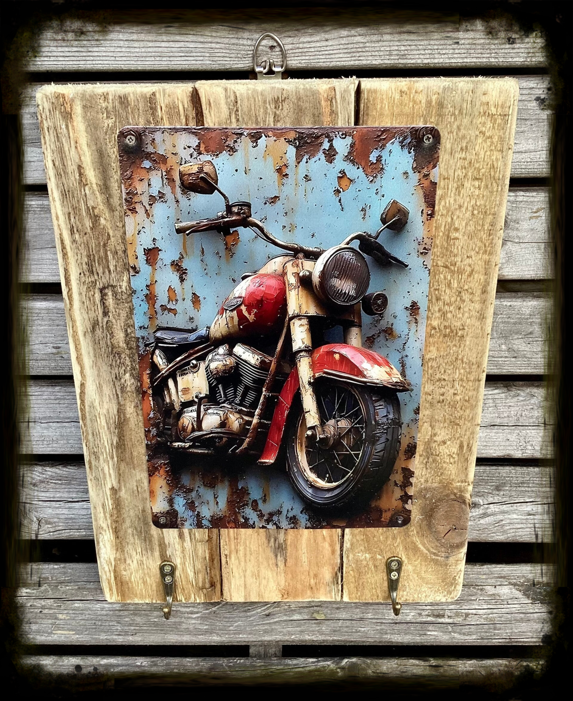 Reclaimed wood  wall hanging with vintage motor bike decor