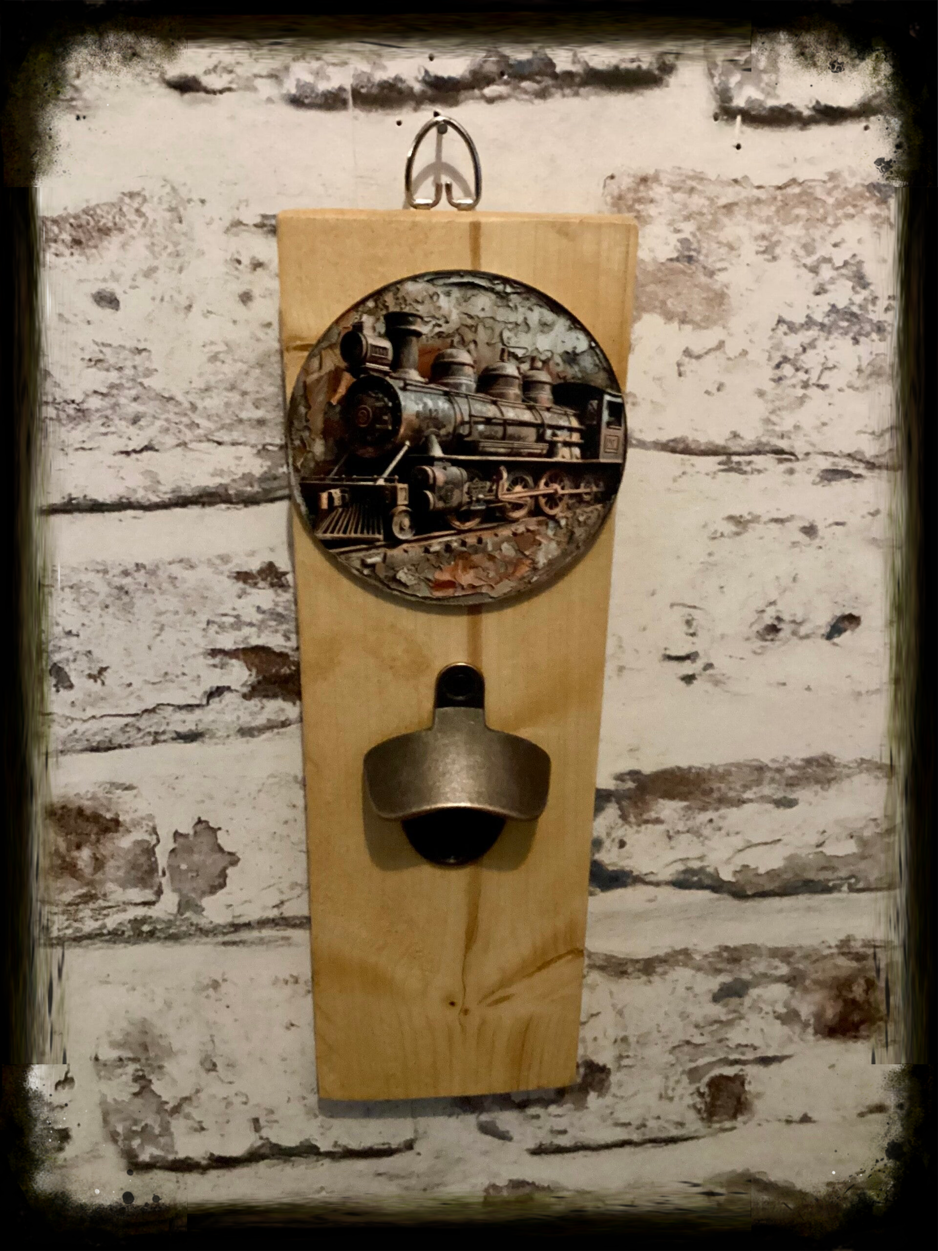 Rustic retro design wooden wall mounted bottle opener with steam train decor