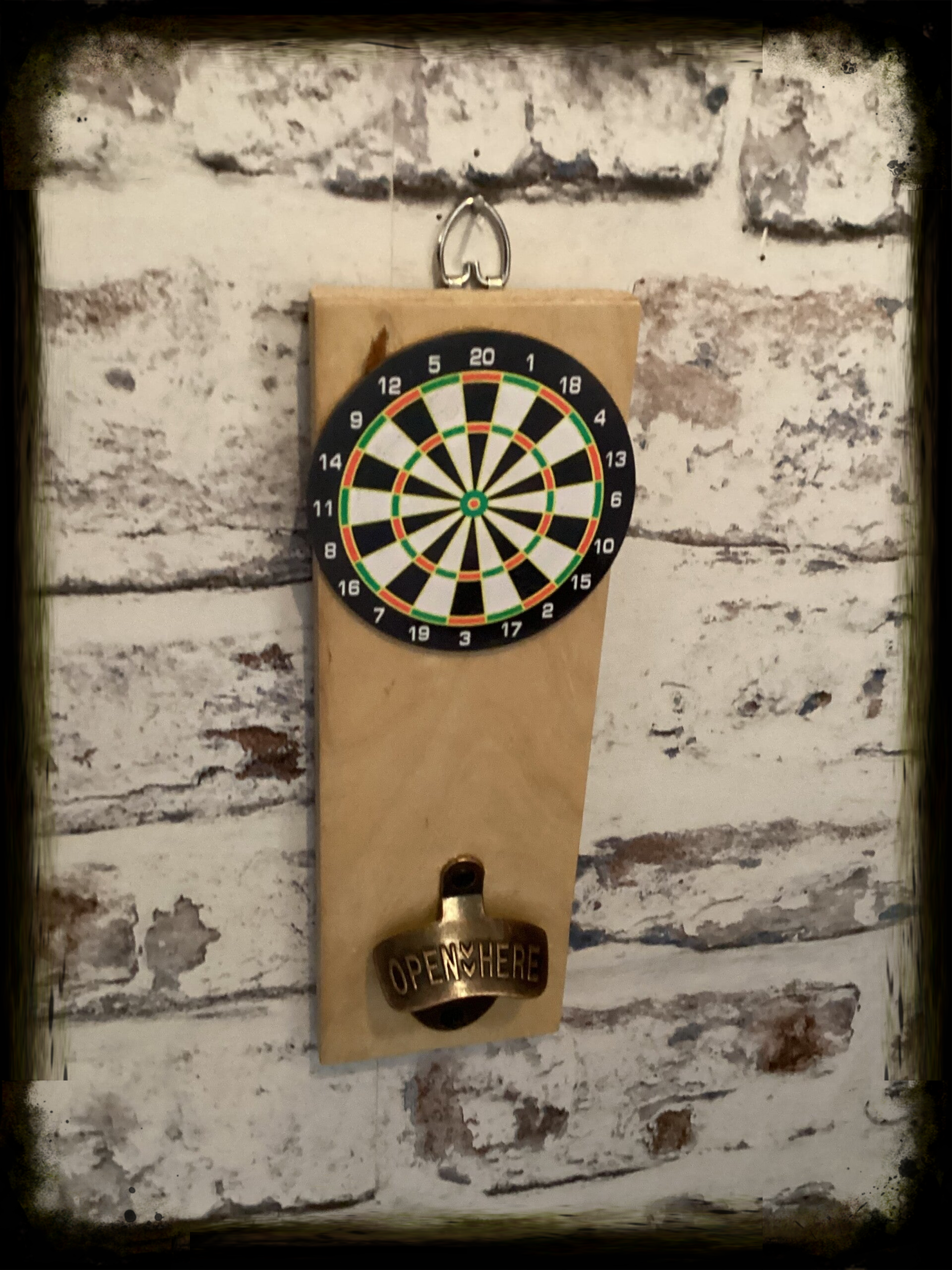 Rustic retro design wooden wall mounted bottle opener with dart board decor
