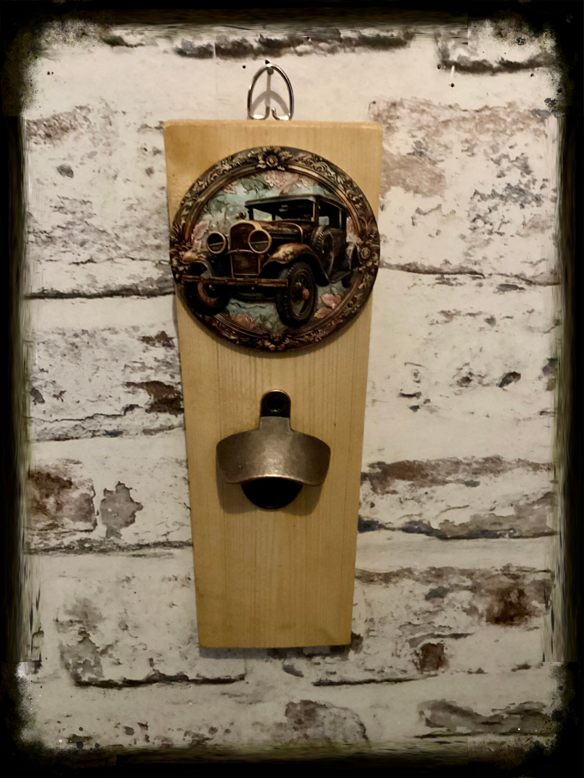 Rustic retro design wooden wall mounted bottle opener with vintage car decor