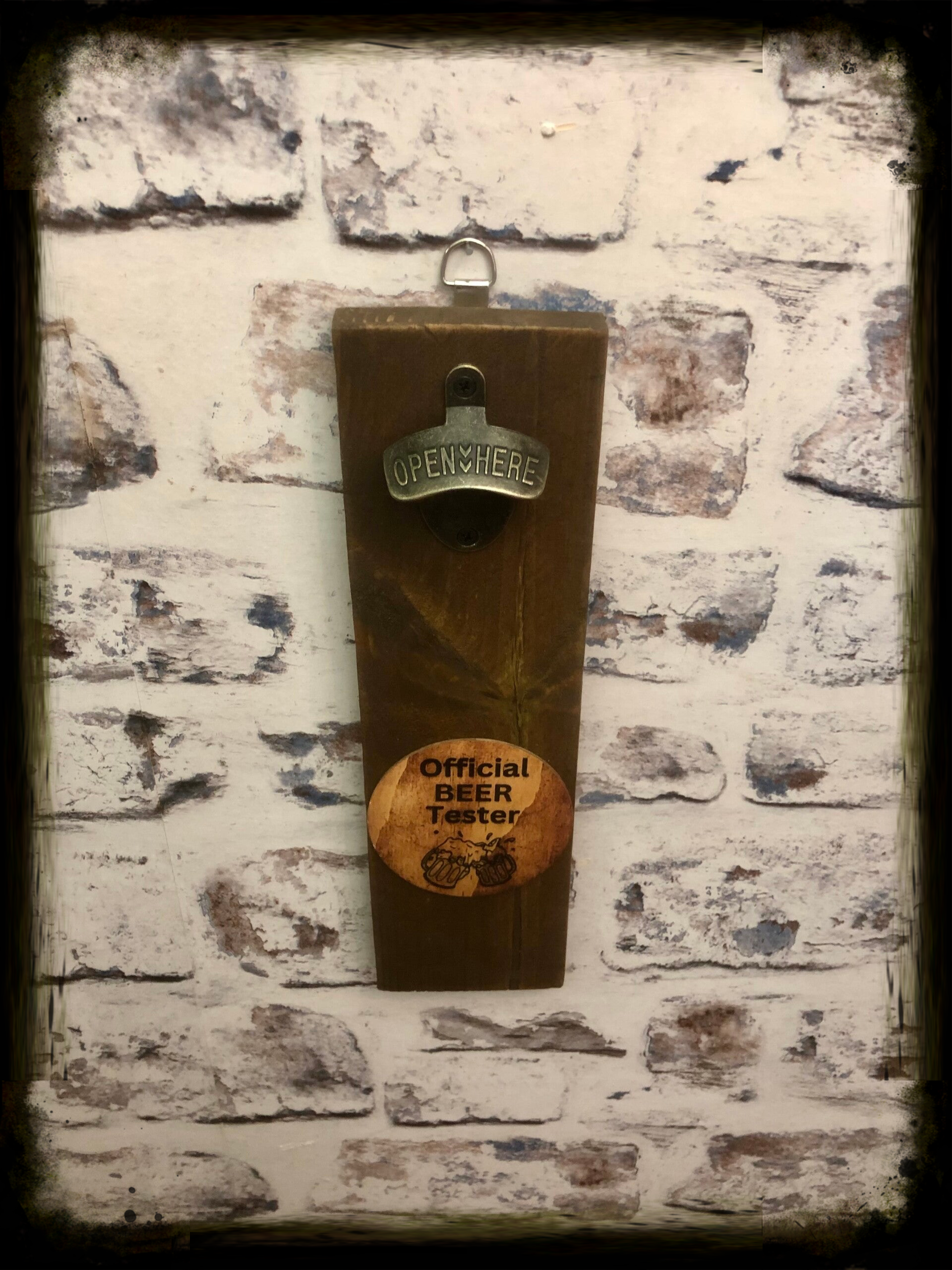 Rustic retro design wooden wall mounted bottle opener with official beer taster decor