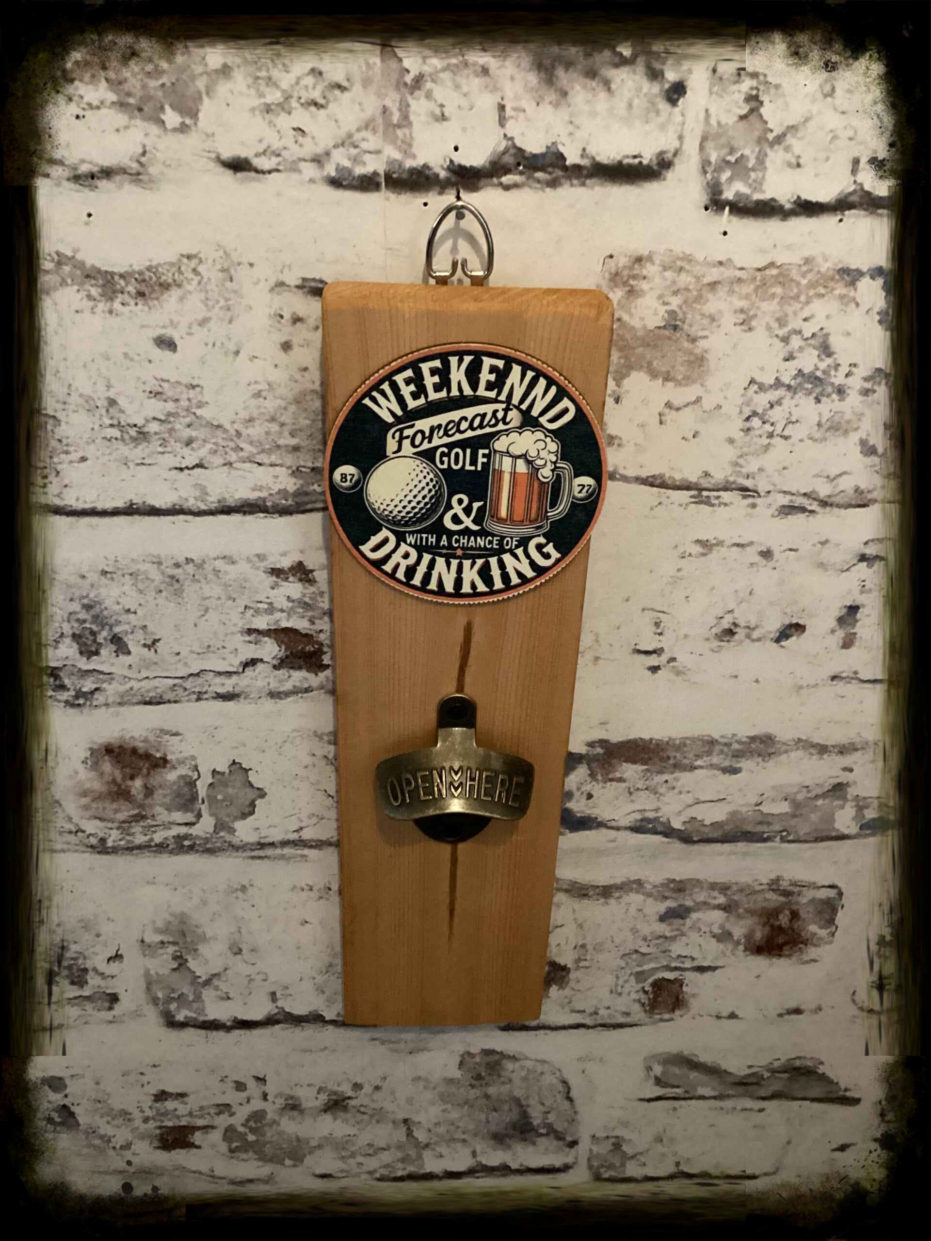 Rustic retro design wooden wall mounted bottle opener with golf decor