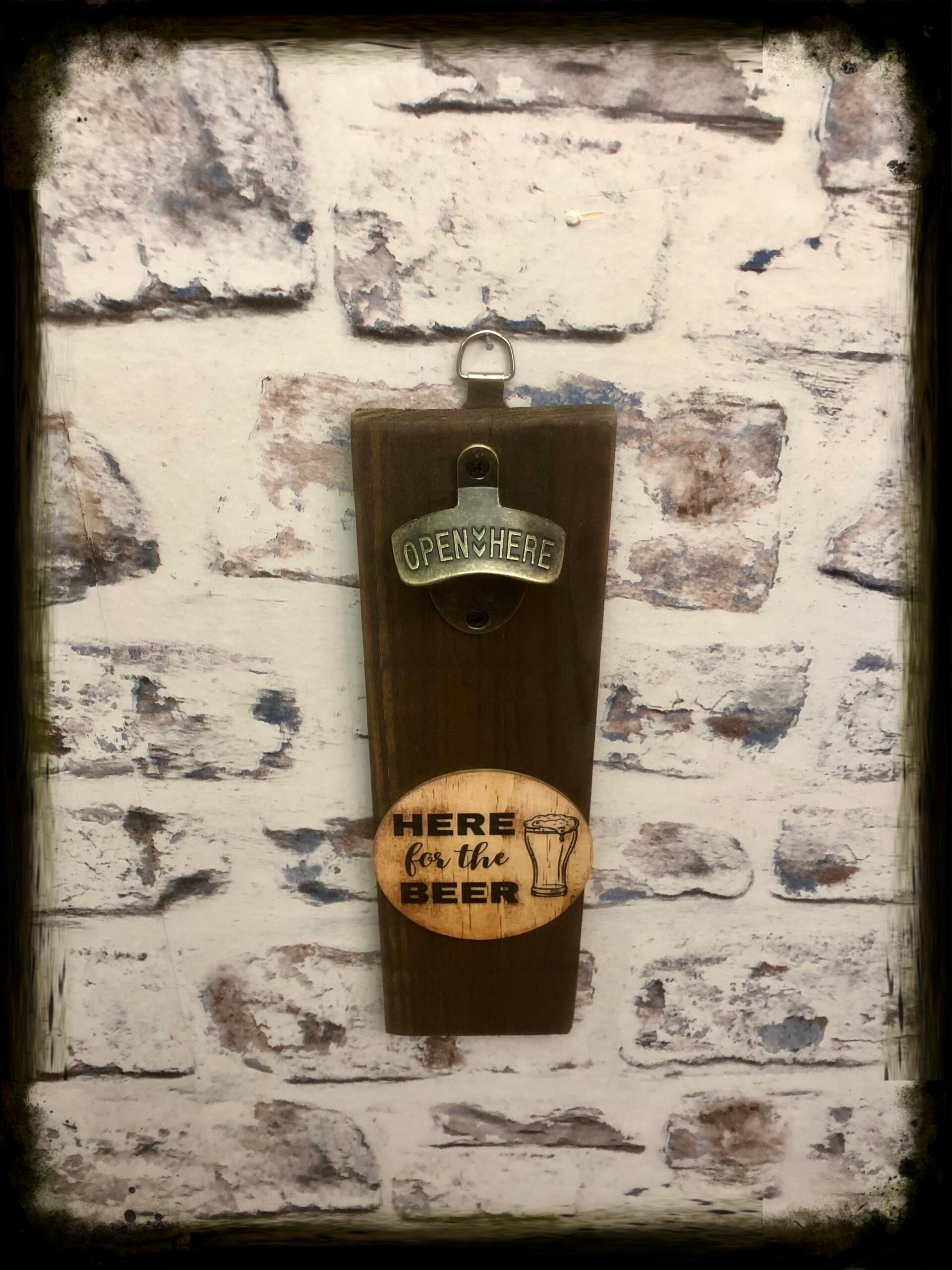 Rustic retro design wooden wall mounted bottle opener with here for the beer decor
