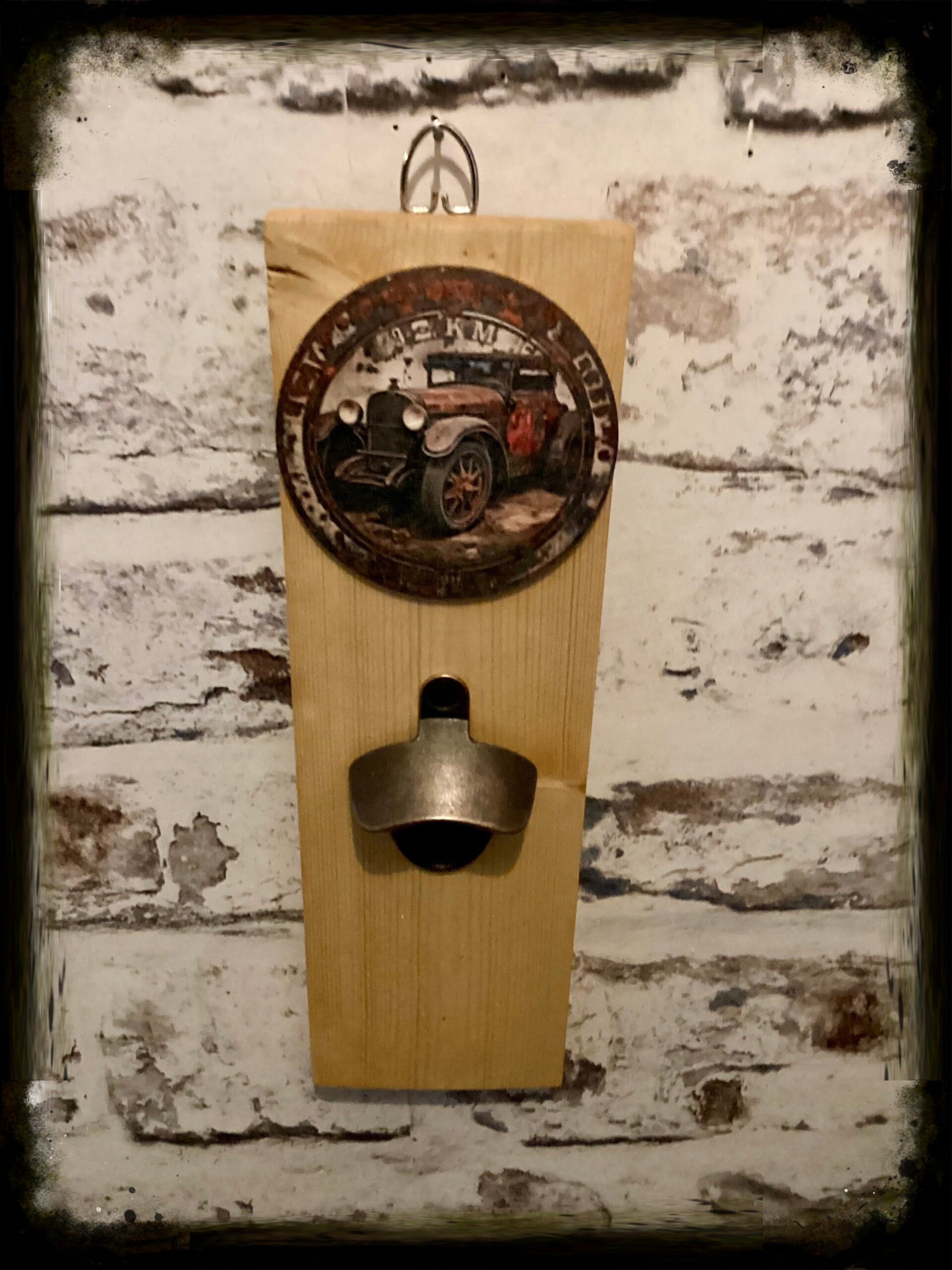 Rustic retro design wooden wall mounted bottle opener with vintage car decor