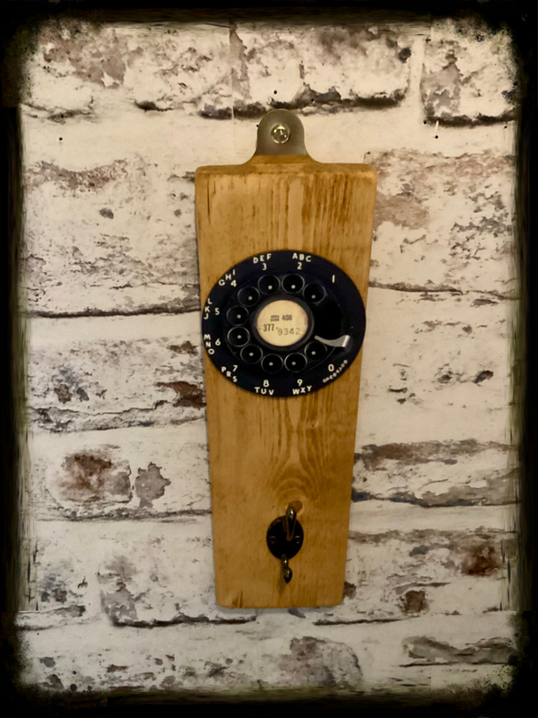 Rustic retro wooden single hook hanger with old school telephone dial decor
