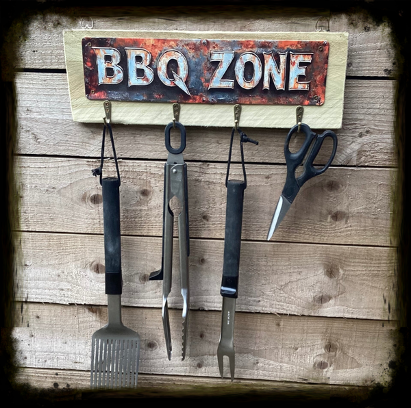 Rustic reclaimed wood Bbq tool hanger