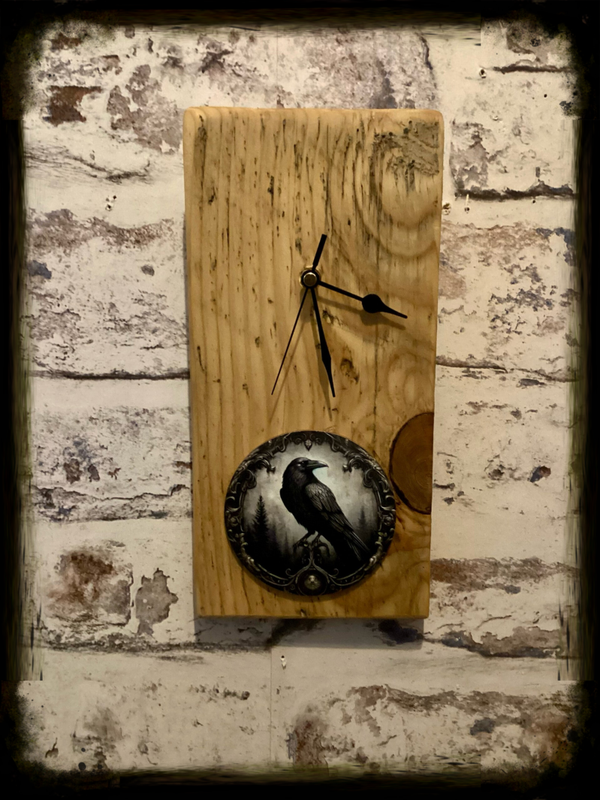 Rustic reclaimed wood wall hanging clock with crow decor