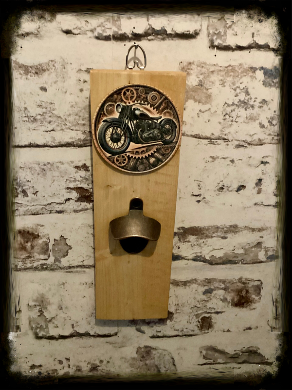 Rustic retro design wooden wall mounted bottle opener with motor bike  decor