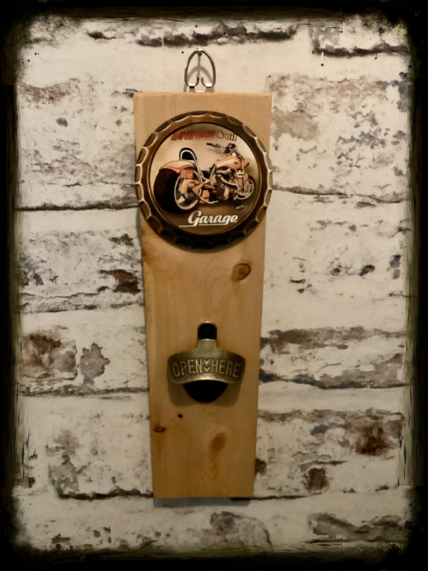 Rustic retro design wooden wall mounted bottle opener with motor bike decor