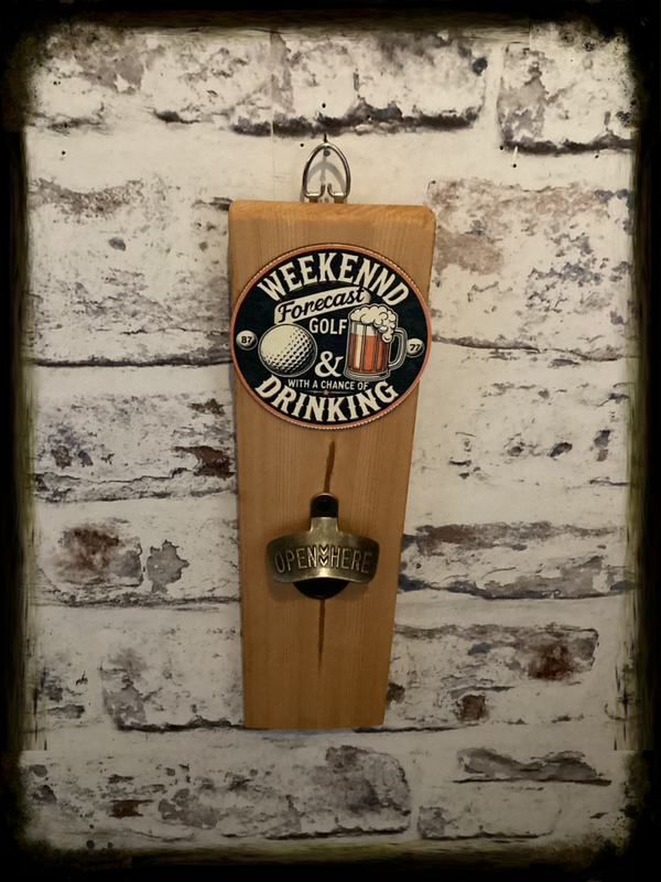Rustic retro design wooden wall mounted bottle opener with golf decor
