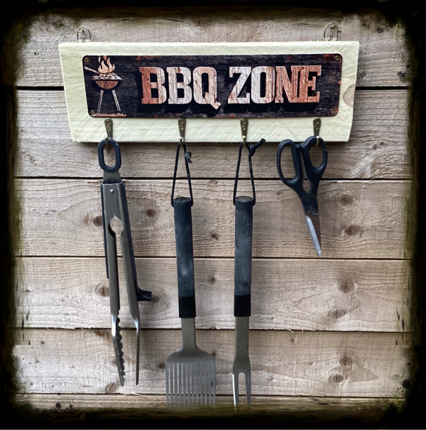 Rustic reclaimed wood Bbq tool hanger