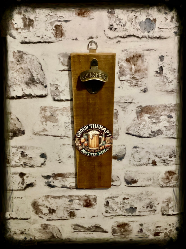 Rustic retro design wooden wall mounted bottle opener with group therapy decor