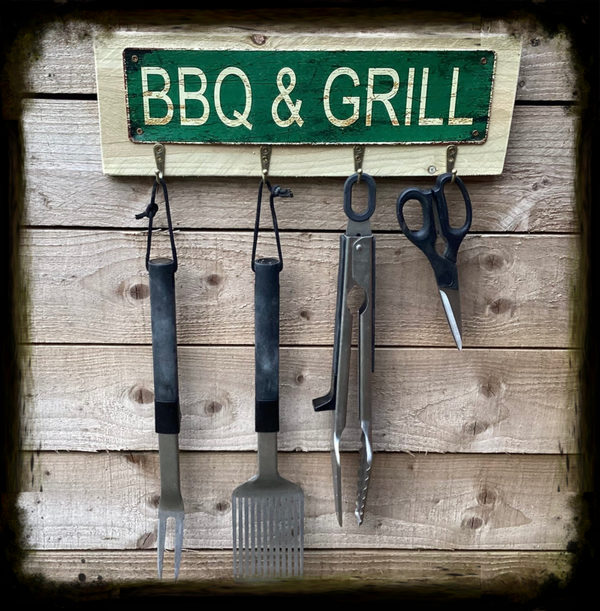 Rustic reclaimed wood Bbq tool hanger