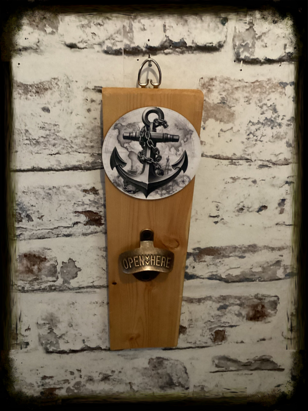 Rustic retro design wooden wall mounted bottle opener with anchor decor
