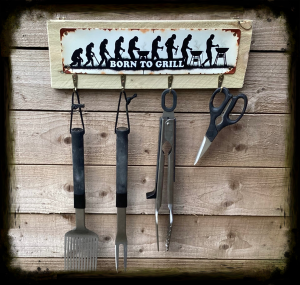 Rustic reclaimed wood Bbq tool hanger