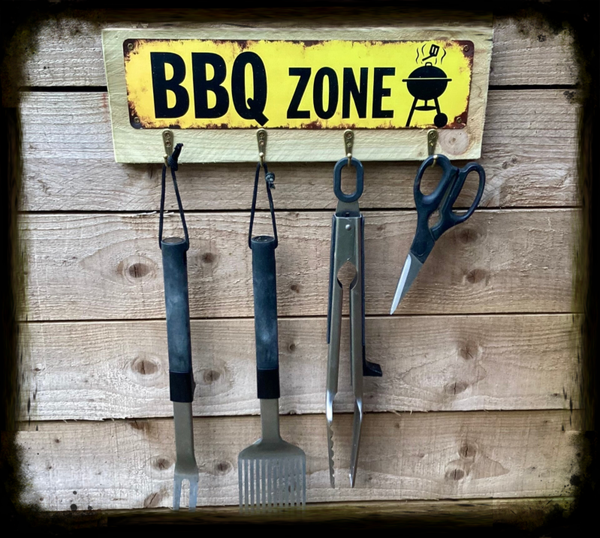 Rustic reclaimed wood Bbq tool hanger