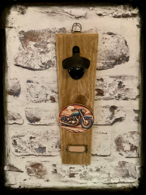 Rustic retro design wooden wall mounted bottle opener with blue motorbike decor