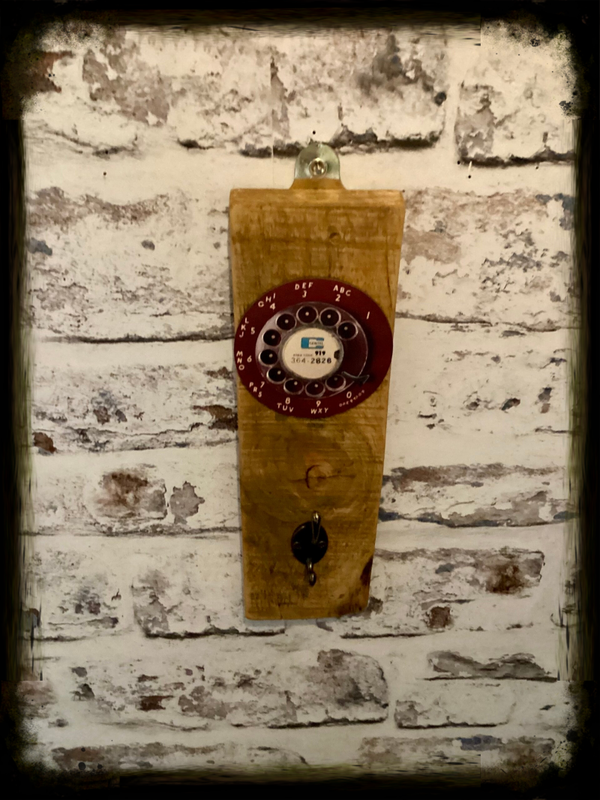 Rustic retro wooden single hook hanger with old school telephone dial decor