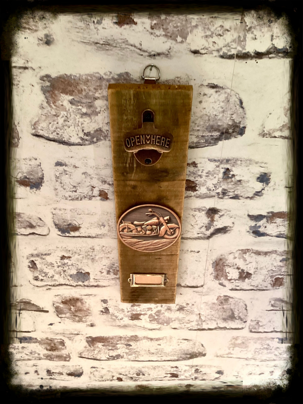 Rustic retro design wooden wall mounted bottle opener with motorbike