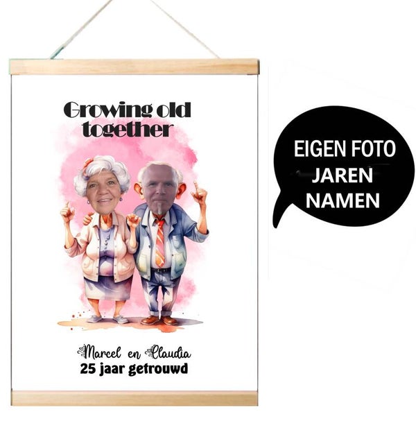 Huwelijkscadeau jubileum grappige foto poster + houten lijst A4