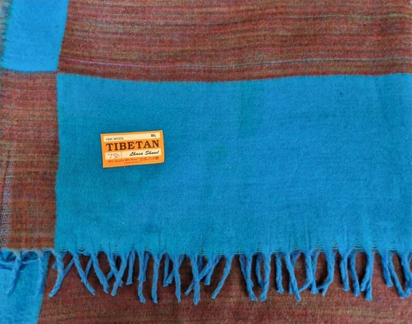 Tibetan Deken Yak Wool Blauw Bruin Bordeauxrood.