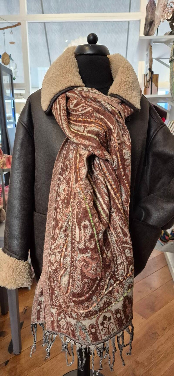 Tibetan Yakwool Sjaal Omslagdoek Bruintinten Oranje Creme