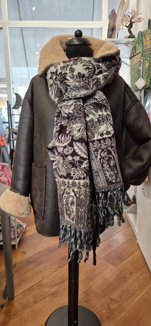 Tibetan Yakwool Omslagdoek Sjaal Zandkleur Bruin/ Donker Bordeauxrood